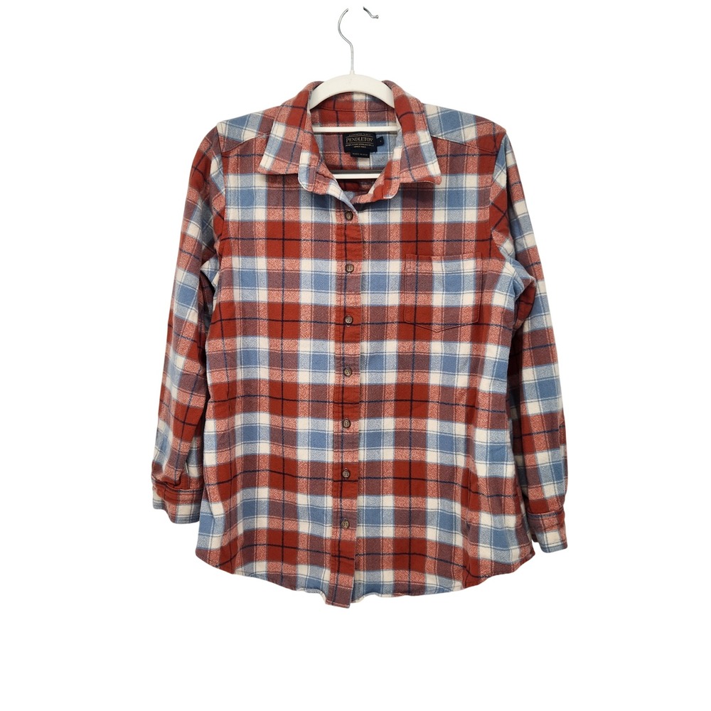 Pendleton Woolen Mills Made in USA 100% Wool Plaid Flannel Shirt Rust Blue L